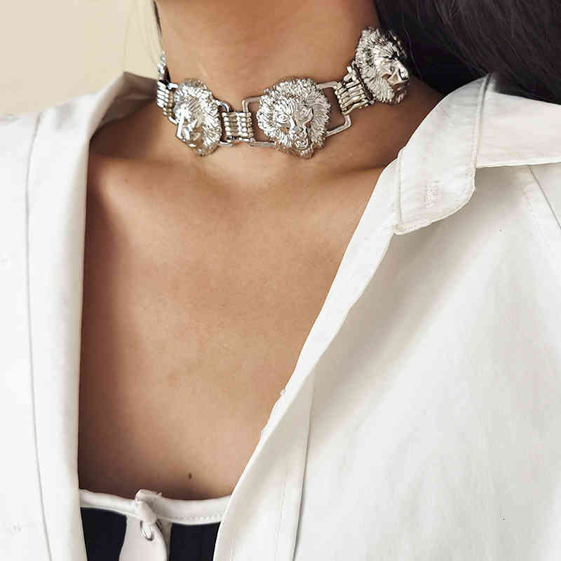 Gsold Fashion Hip-hop Exaggerated Multiple Lion Heads Choker Necklace Metal Charm Women Street Style Jewelry Party