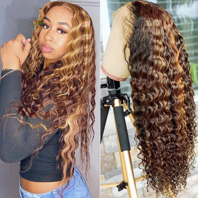 Highlight Human Hair Lace Front Wigs Deep Wave Ombre Colored Glueless Pre Plucked hd Transparent Curly Water Laces Wig Honey Blonde Real hairs 150%den