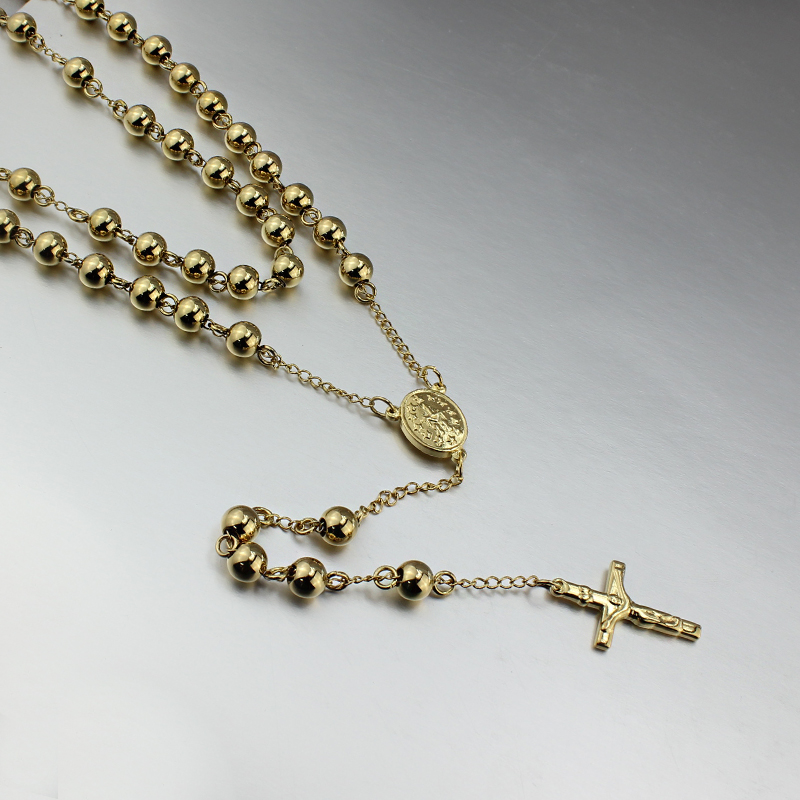 Gold 4mm/6mm /8mm Stainless Steel Long Rosary Bead Chain Jesus Cross Catholic Crucifix Necklace 28''+6''/30''+6'�