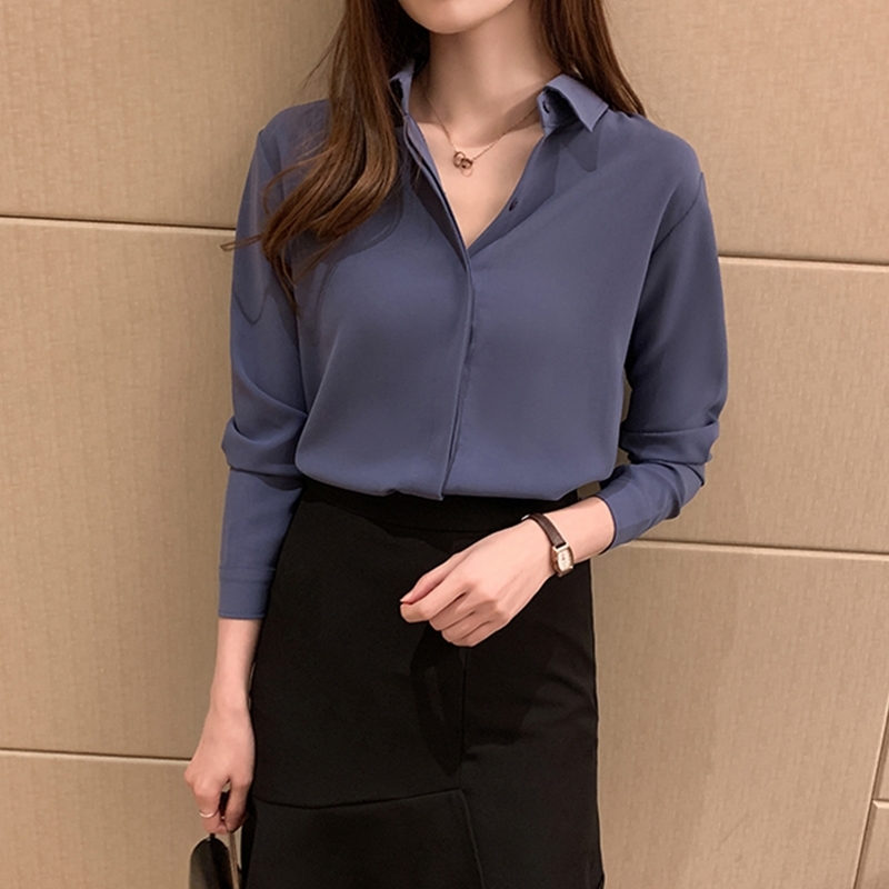 Autumn Chiffon Blouse Plus Size Loose Long Sleeve Shirts Women Solid Shirt Lady Simple Style Tops Clothes Blusas 10489 210518