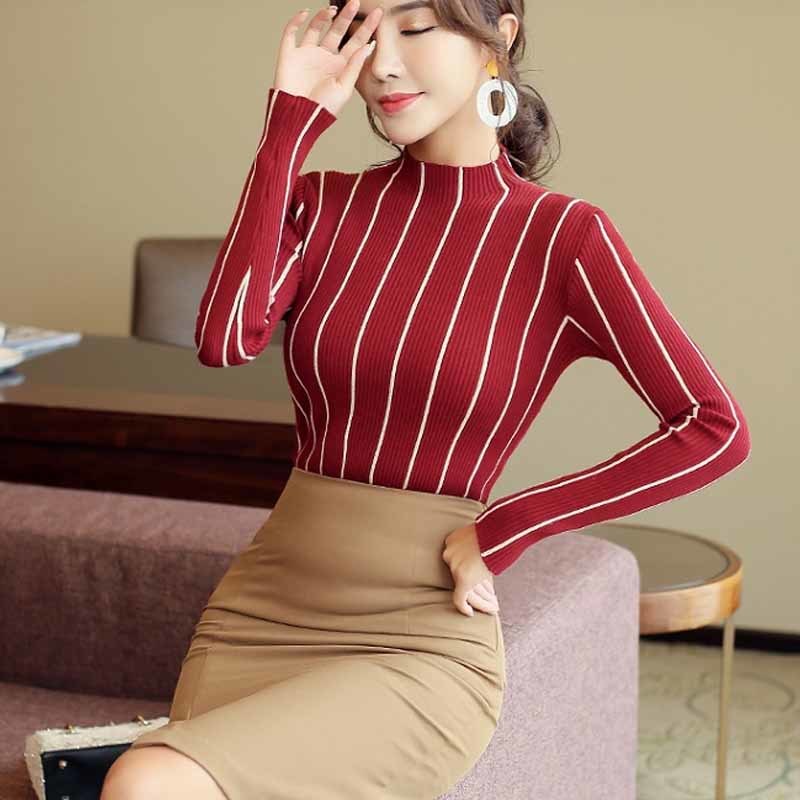 women's clothing pullover turtleneck female causal sweaters Autumn and winter striped women sweater bottom shirt 1326 45 210518