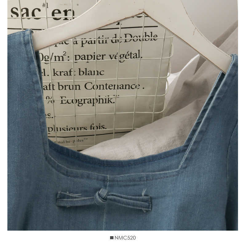 LY VAREY LIN Summer Women Puff Sleeve Square Collar Denim Dress Bow Elegant High Waist Slim Midi A-line Ladies Dresses 210526