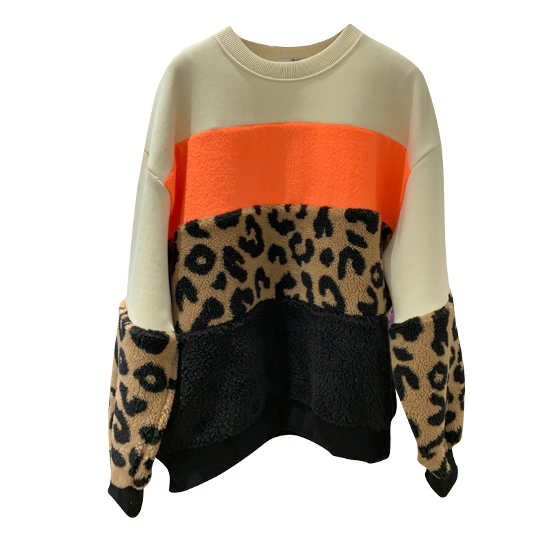 Kimutomo Women Fashion Sweatshirts Chic Korean Spring Autumn Contrast Color Panelled Patchwork Leopard Pullovers 210521
