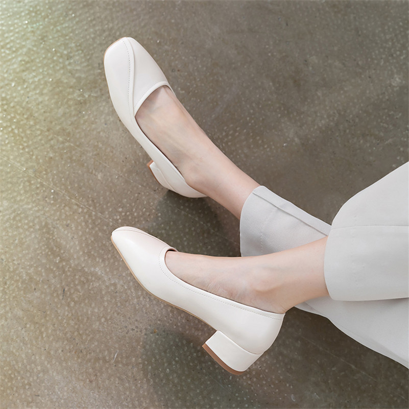 Women Shoes Mid Heel Pumps Ladies Round Toe Thick Heels Footwear Female Summer Dress Khaki Large Size 10.5 210517