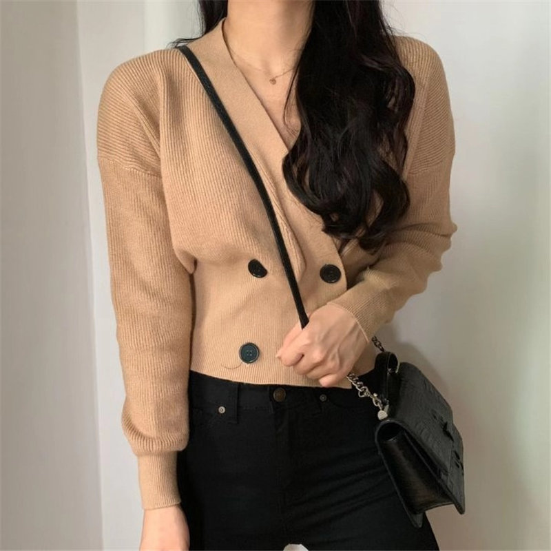Autumn Loose Sweet Women Girls Warm V-Neck Fashion Female Cross Fresh High Waist Casual Knitted Short Sweaters 210421