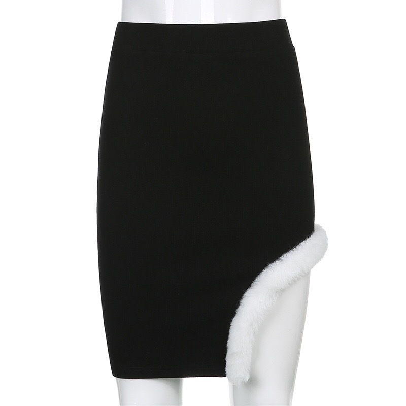 Sexy Women High Waist Spliced Faux fur Mini Skirt Black Y2K Stylish Cool Girl Package Hips Short Skirts Party 210429