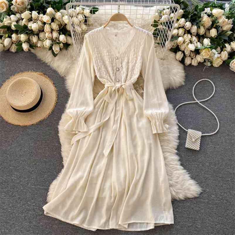 Women Lace Temperament Midi Bellflower Dress Solid Color Long Sleeve V-neck Slim Fashion Spring Summer 11B731 210525, Apricot
Women Lace Temperament Midi Bellflower Dress Solid Color Long Sleeve V-neck Slim Fashion Spring Summer 11B731 210525, Apricot