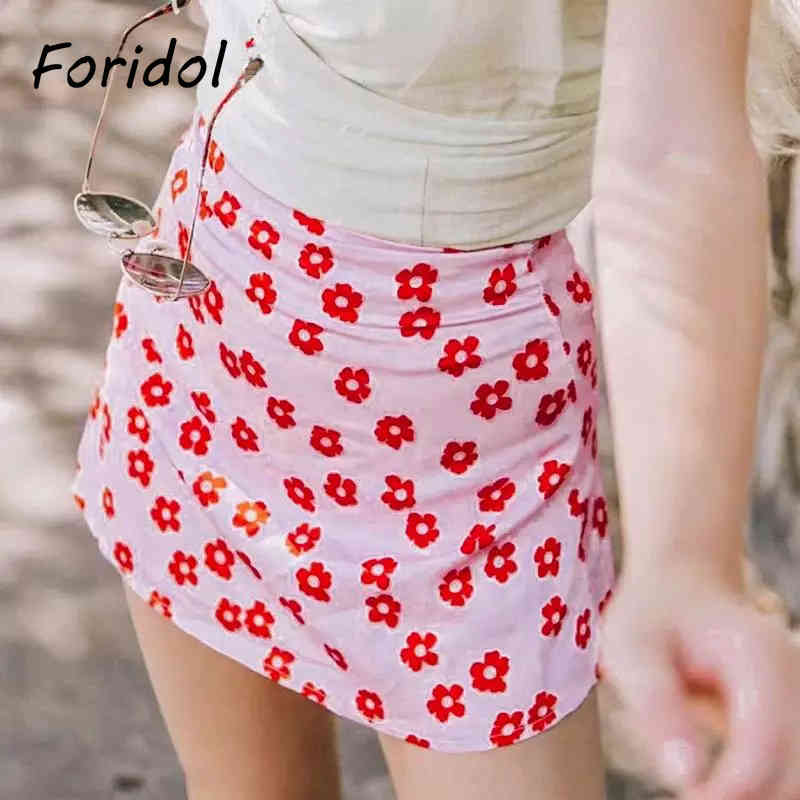 Flower print satin skirts womens summer beach pink skirts high waist A-line mini skirt fashion chic floral skirt faldas 210415
