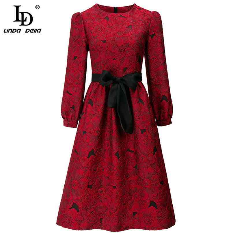 Summer Fashion Runway Dress Women Lantern Sleeve Bow Belt Elegant Red Flower Embroidery High waist Mini 210522