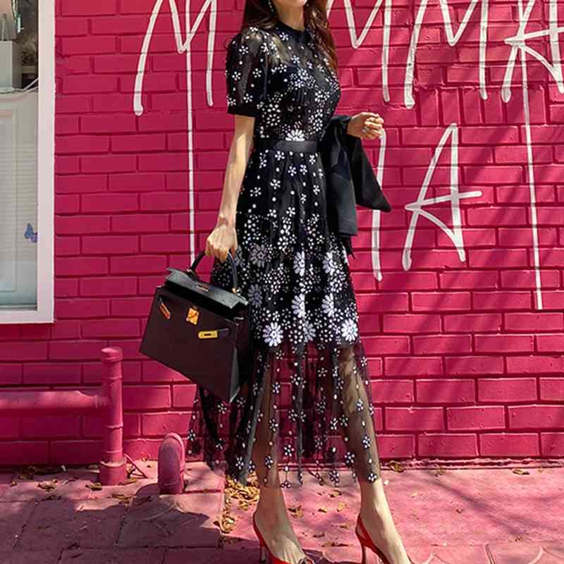 HMA New Runway Summer Self Portrait Dress Women Short Sleeve Embroidery Floral Mesh Vintage Ruffles Party Vestidos 210409