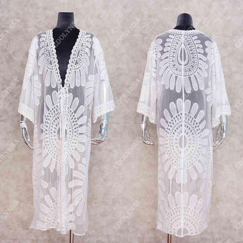 Transparent White Lace Tunic Beach Cover Up Plus Size Women Beachwear Sexy See Through Bikini Cover-Ups Robe de plage Q1020 210420