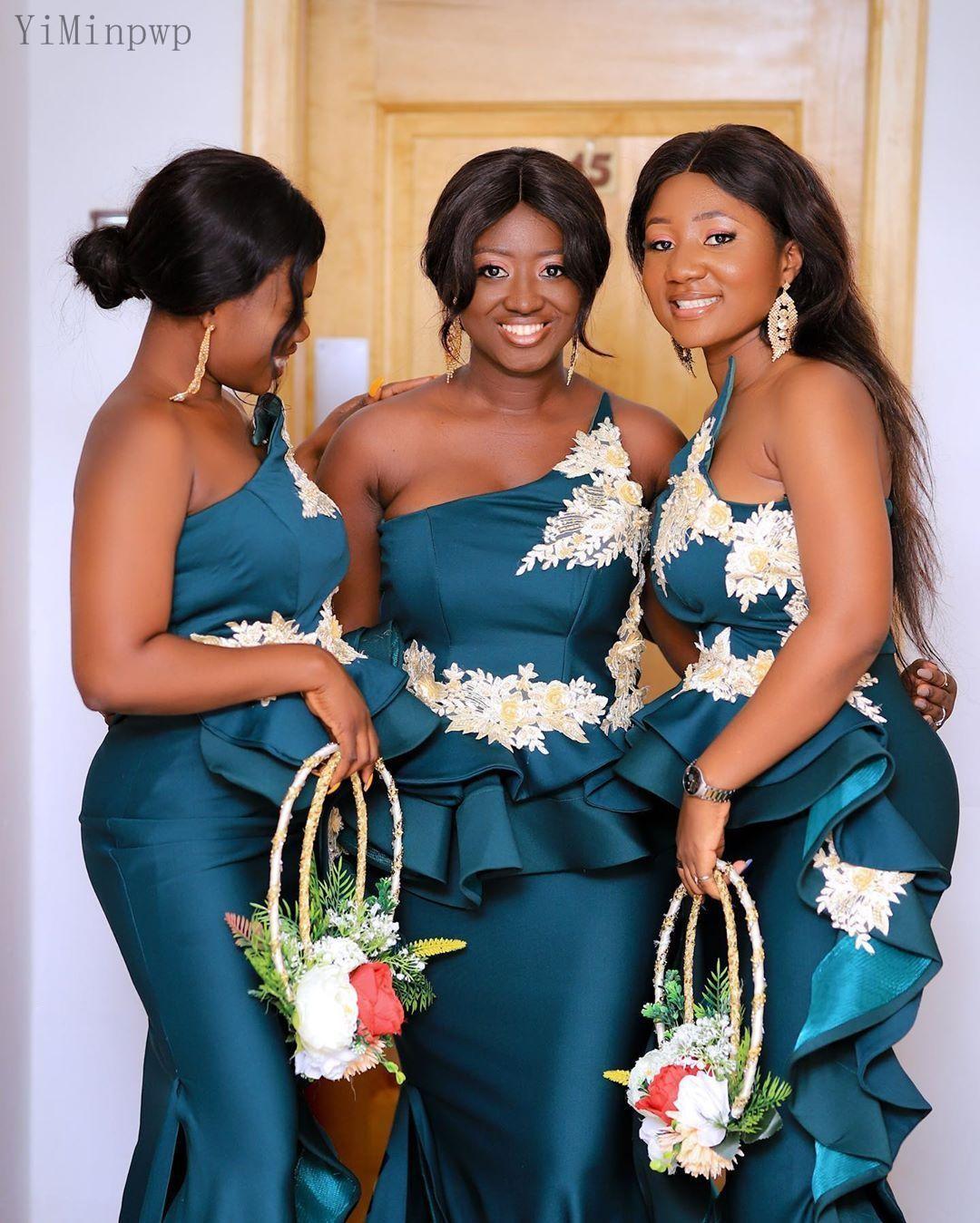 Size Plus Teal Mermaid Bridesmaid Dresses Strapless Sweep Train White Appliques Ruffles Peplum Wedding Guest Party Gowns Maid of Honor Dress Customize