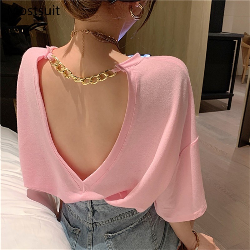Back-open Chain Women T Shirt Tops Summer Short Sleeve O-neck Loose Solid Tees Sexy High Street Female T-shirts Femme 210514