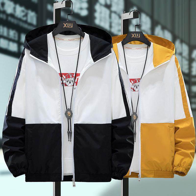 Men's Casual Jacket Coat Contrast Color Blocking Hooded Windbreakers Outerwear Tour Running Jogging Training Tops Wear Loose Jackets