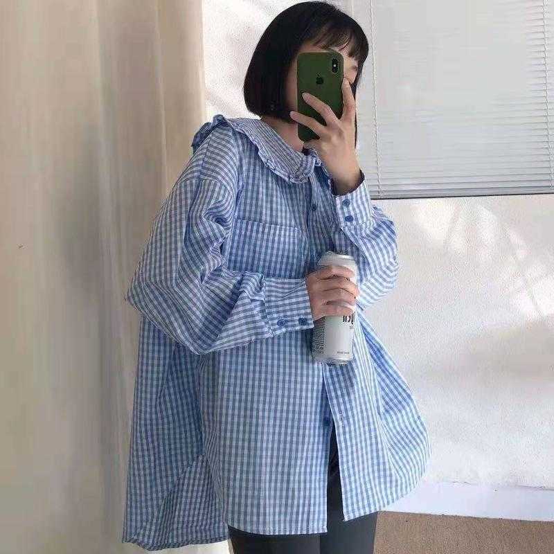 Lace Peter Pan Collar Full Single Breasted Plaid Medium Length Loose Shirt Fashion Blouse Women 210615