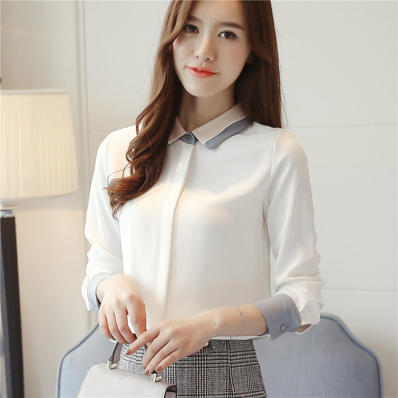 White Shirt Women Long Sleeve Spring Autumn Patchwork Turn-down Collar Ladies Tops Office Lady Chiffon Blouse Plus Size 5XL D196 210512