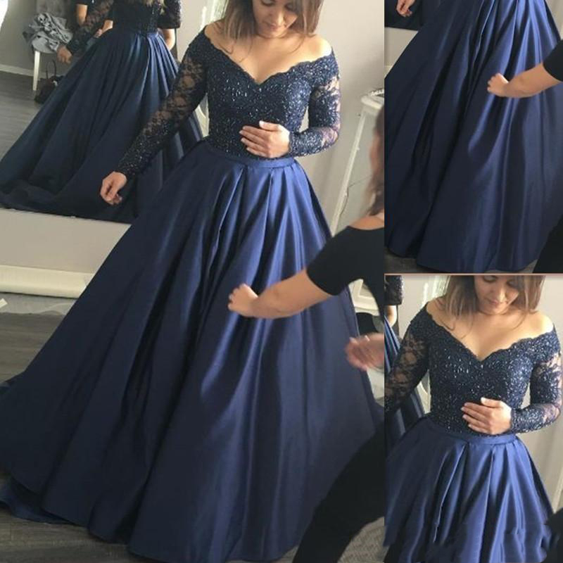 Prom Dress Dark Navy Blue Plus Size Evening Dresses Satin Appliqued Lace Off The Shoulder Long Sleeves A Line Special Ocn Party Gowns