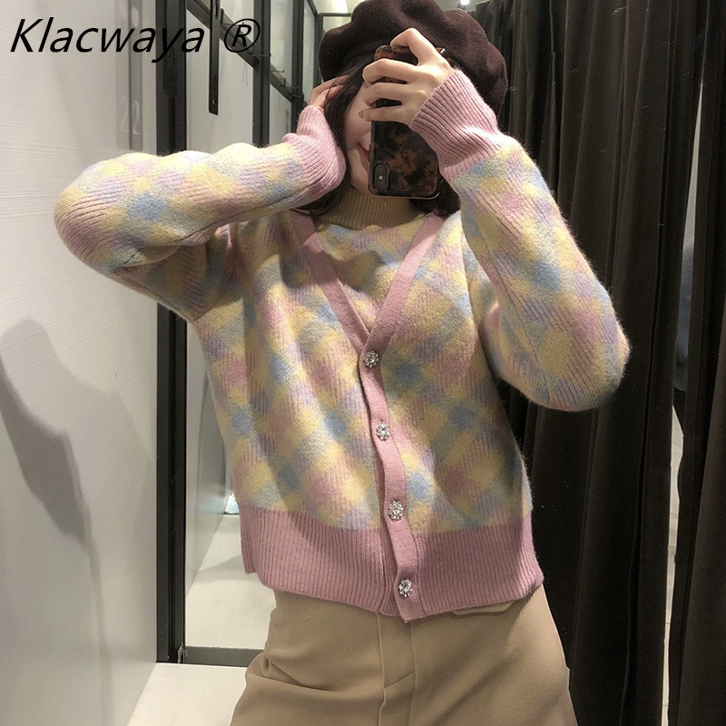 Woman Sweaters Cardigan Pull Femme Chandails Ropa Mujer Kobieta Vetement Long Sleeve Argyle Knitted Rainbow Cute Vrouw Truien 210521
