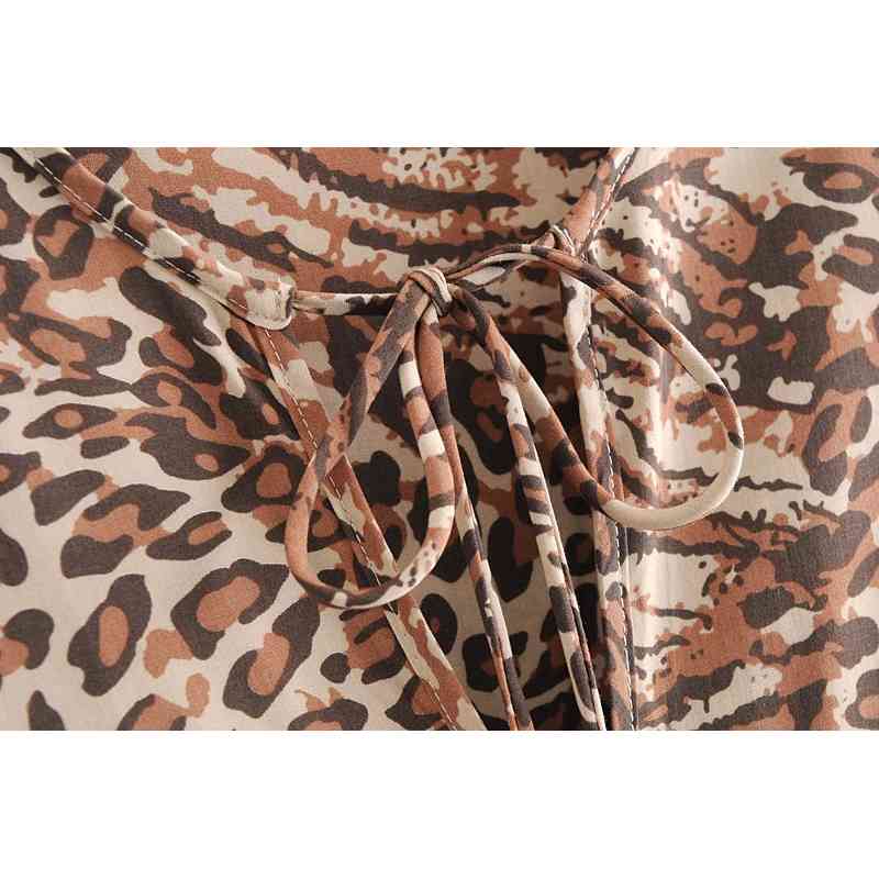 Bohemia Bandage Lacing up Collar Contrast color Leopard Print Dress BOHO Woman Long Sleeve Maxi Holiday Dresses Beach 210429