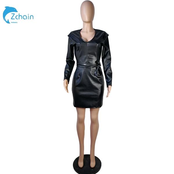 Quick Ship Stylish V Neck PU Long Sleeve Dress With Belt Black Leather Dresses Women Casual
