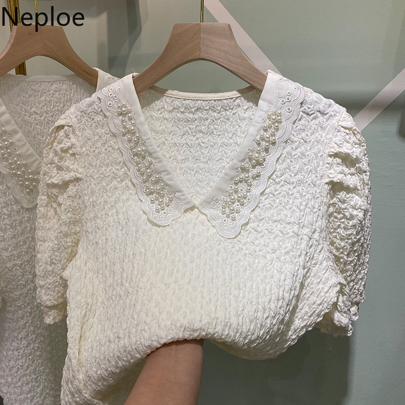 Neploe Blouse Women Summer Blusas Female Peter Pan Collar Heavy Beading Shirt Korean Fashion Pleated Tops White Blouses 210422