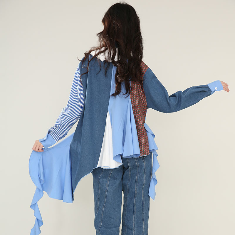 [EAM] Women Tassel Denim Asymmetrical Long Blouse Lapel Long Sleeve Loose Fit Shirt Fashion Spring Autumn 1DD420805 21512