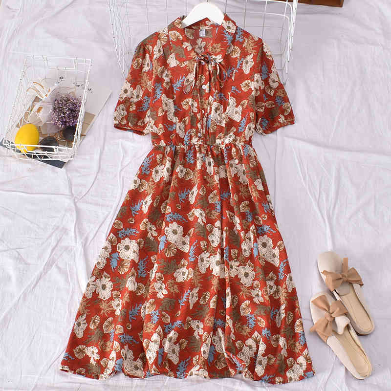 Girls Kawaii Chiffon Dress Floral Print Vintage Boho Women Ruffle Tie Front V Neck Summer Ladies Sweet 210519