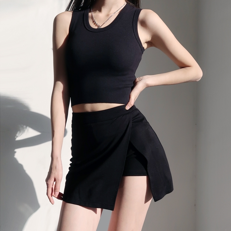 Korean High Waist Long Legs Side Slits Anti Skirt Short With Safety Women Front Mini Skort In Black QA75 210603