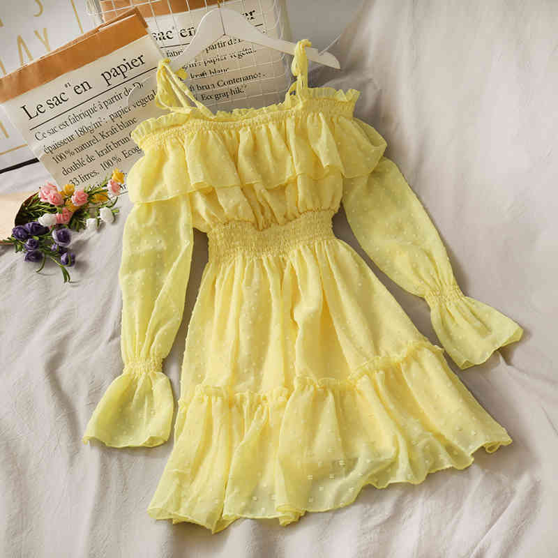 Sexy Fairy Strap Off Shoulder Ruffled Polka Dot Chiffon Dress Women Flare Sleeve Sweet Slim Waist Pleated Vestido Feminino 210429