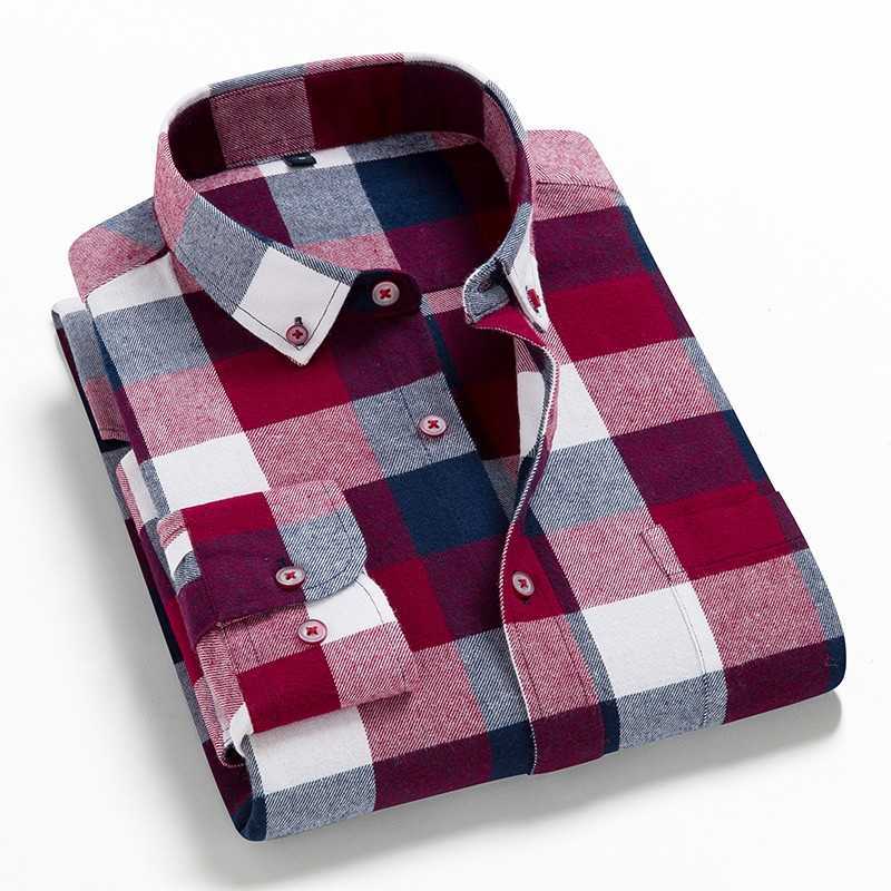 Men Plaid 100% Cotton Shirt Spring Autumn Men Casual Shirts Long Sleeve Chemise Homme Male Check Shirts 210714