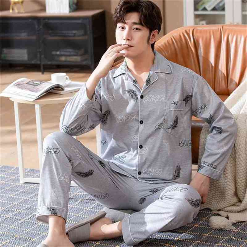 Style Men's Pajamas Set Spring Autumn Warm Cotton men Pajamas Sets Long Sleeve Sleepwear Top +Pant Leisure Wear Cloth 210812