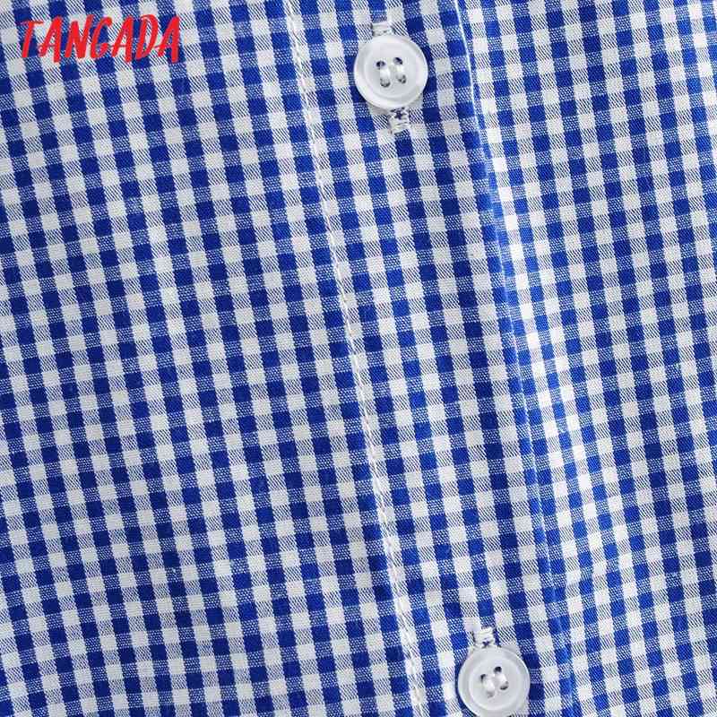 Women Retro Lace Patchwork Blue Plaid Blouse Long Sleeve Chic Female Shirt Tops YI13 210416