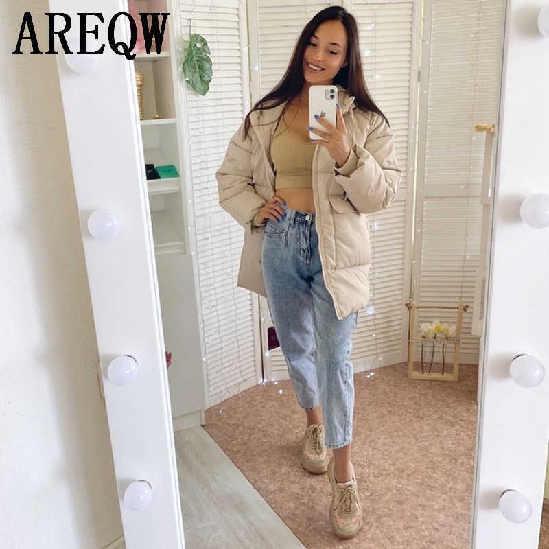 Autumn Winter Cotton Parkas Oversized Coats and Jackets Outerwear Hooded Puffer Jacket Beige Blue Black 211013