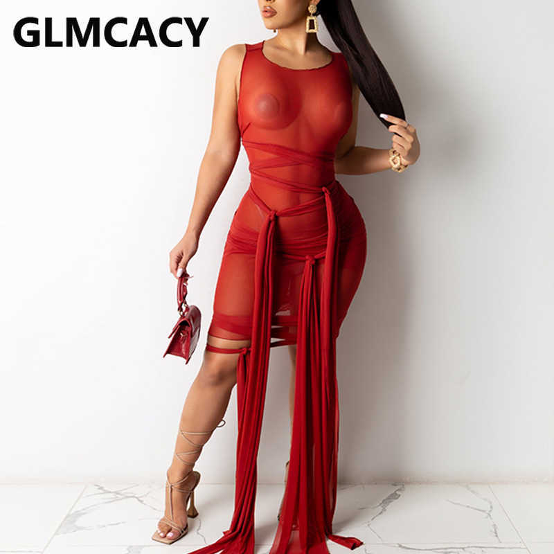 Women Sleeveless Mesh Bodycon Dress Belt Detail Night Out Club Paprty Mini Dresses 210702