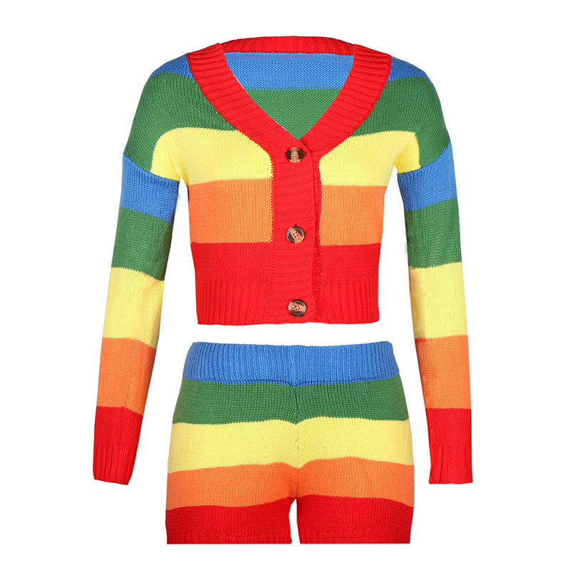 Nomikuma Rainbow Stripe 2piece Sweater Sets Long Sleeve V-neck Knitted Cardigan Coat + Stretch Waist Shorts Women Outfits 6C357 210427