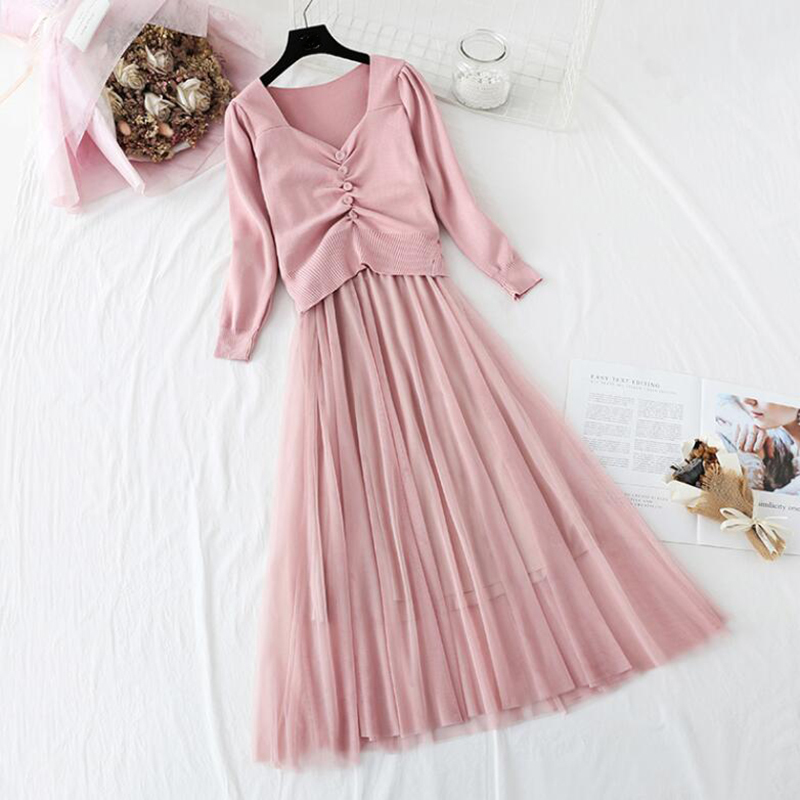Spring Autumn Womans Sweater + Mesh Sling Dress Sets Solid Color Female Casual Two-Pieces Suits Elegant Knitted Dress 210521