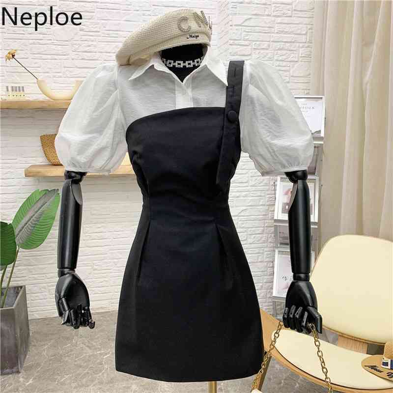 Neploe Women Set Spring Summer Korean Puff Short Sleeve Thin Sunscreen Shirt with One-shoulder Strap Dress Two-piece Suit Female 210422