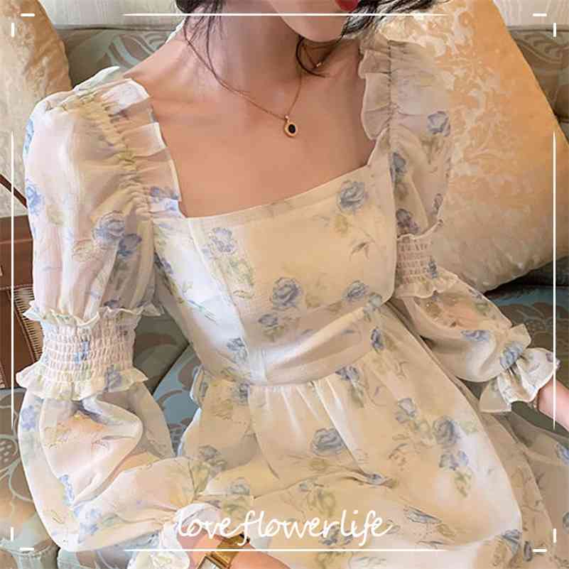 Dress Korea Fairy Floral Midi Women Puff Sleeve Elegant Vintage Female Party Office Lady Summer 210521