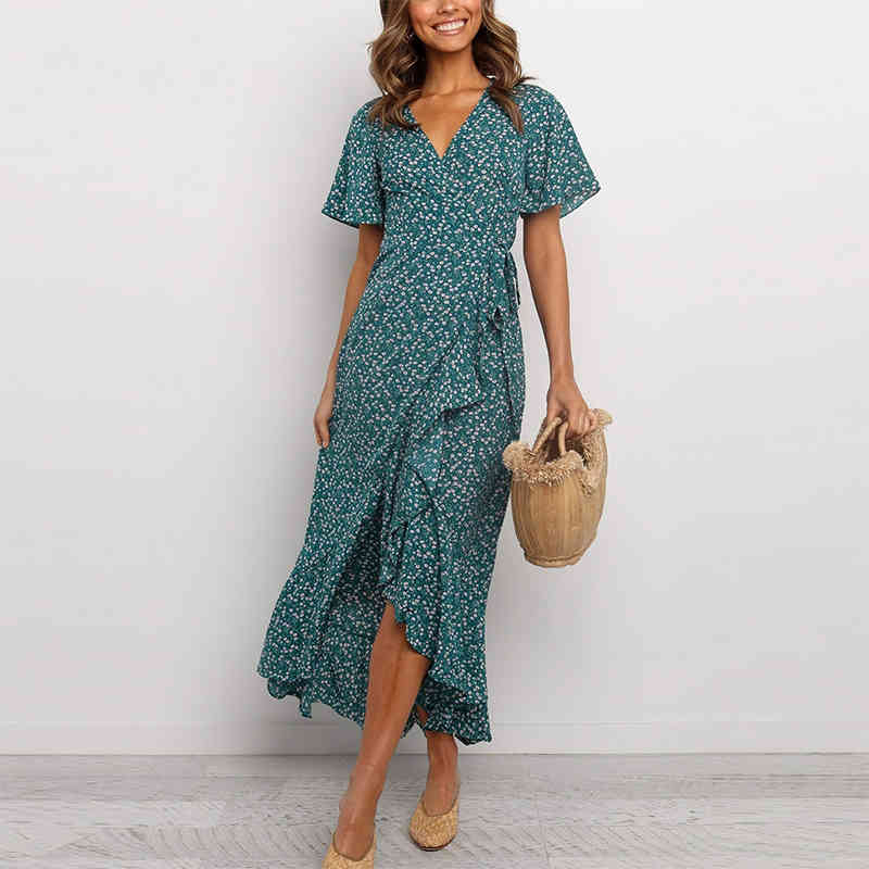 Women V Neck Floral Print Beach Long Dress Flare Short Sleeve Casual Maxi Dress Summer Bandage Wrap Dress Femme Robe 210414