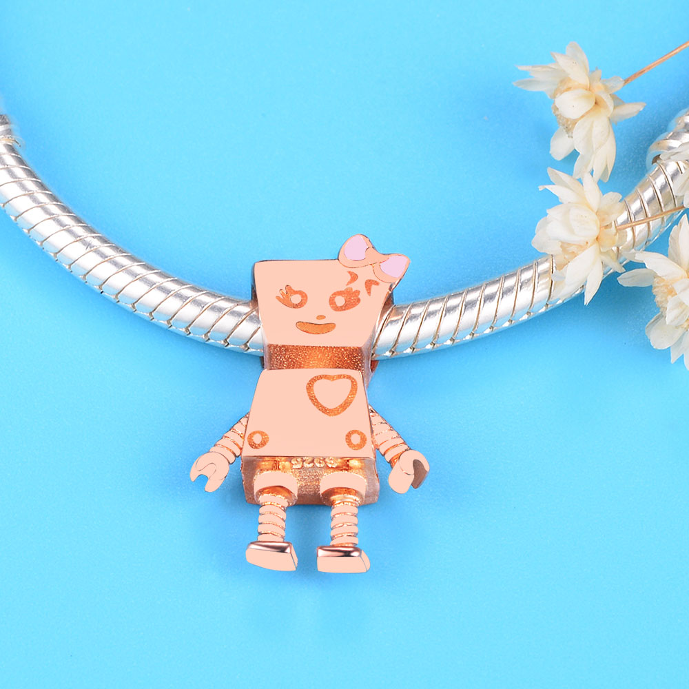 925 Sterling Silver Family Girl Boy Robot Bella bot Pink Bow Flower Butterfly Wing Beads Fit Original Brand Charm Bracelet DIY Berloque