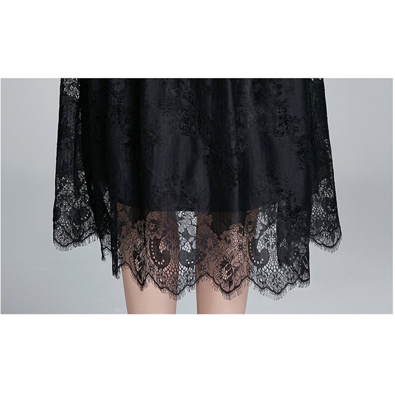 Sexy Hollow Out Patchwork Bottoming Lace Dress Women Elegant Vintage Black Dresses OL See Through Work Vestidos 210520