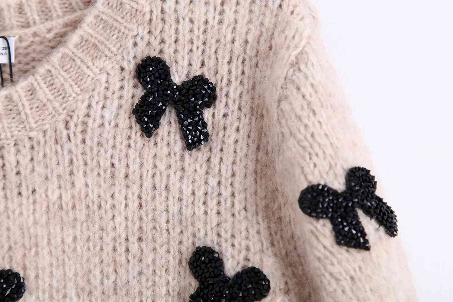 Elegant Bow Tie Appliques Knitted Sweater Women Pullovers O Neck Long Sleeve womens sweaters winter Chic Tops 210521