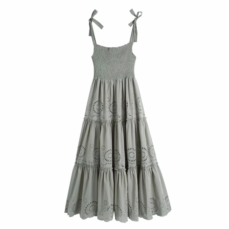 Summer Women Hollow Embroidery Tiered Ruffle Suspender Midi Dress Female Sleeveless Clothes Casual Lady Slim Vestido D7625 210430