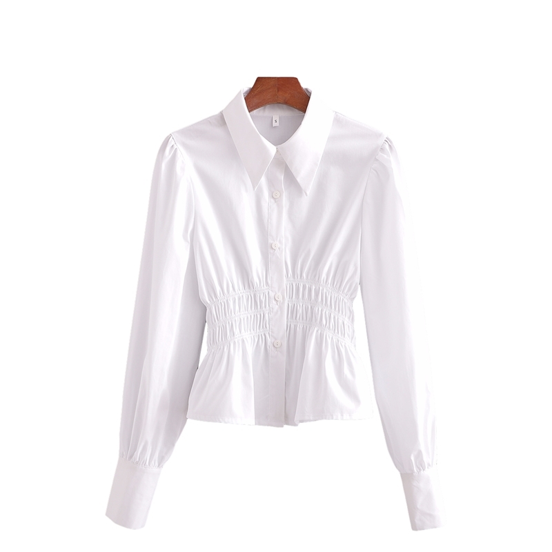 Elegant Women Turn Down Collar Shirts Fashion Ladies Solid White Tops Streetwear Female Chic Elastic Waist Blouses 210430