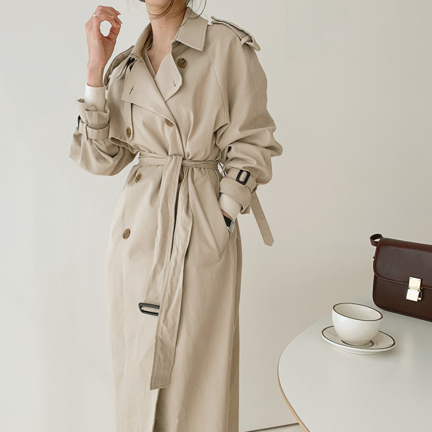 High Quality Minimalist Classic Lapel Double-breasted Long Trench Coat Autumn OL Elegant Loose Windbreaker 210421