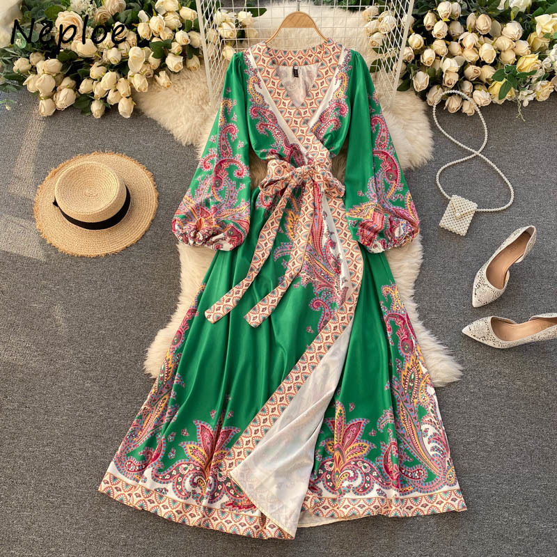 Neploe Vintage Print Holiday Bohemian Dress Women High Waist Lace Up Slim Maxi Dresses V Neck Long Sleeve Vestidos Mujer 94992 210422