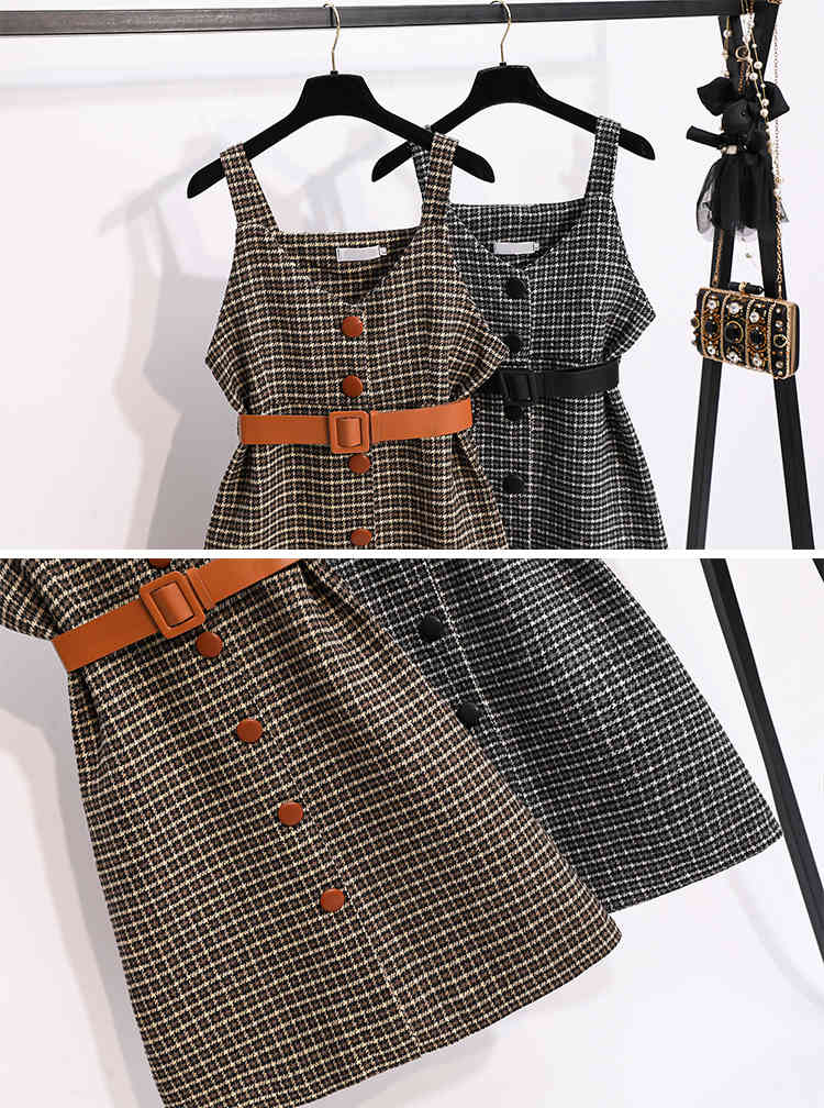 Autumn Winter Woman Elegant Sleeveless Tweed Plaid Strap Casual Slim Dress Female Vestidos 210518