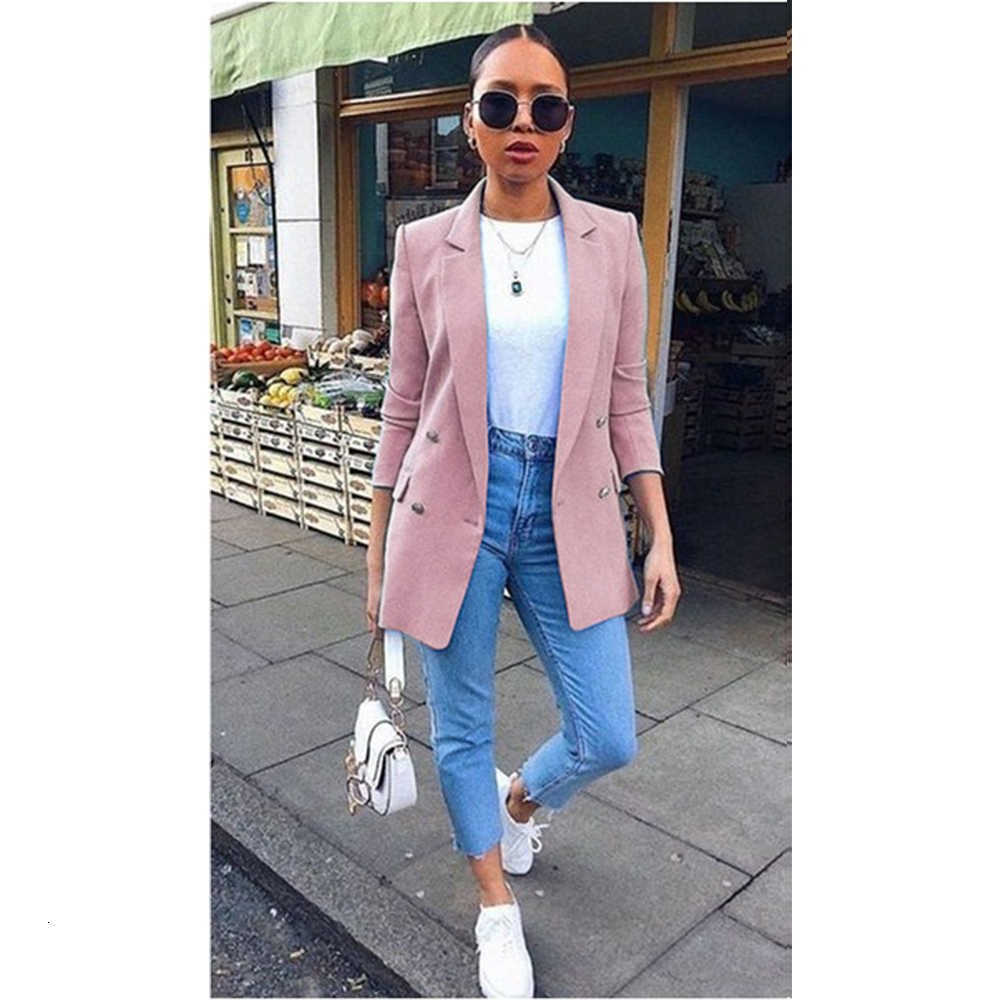 Autumn New Women Chic Blazer Buttons Fashion Office Lady Solid Color Long Sleeve Suit Coat Outerwear Tops Plus Size S-5XL
