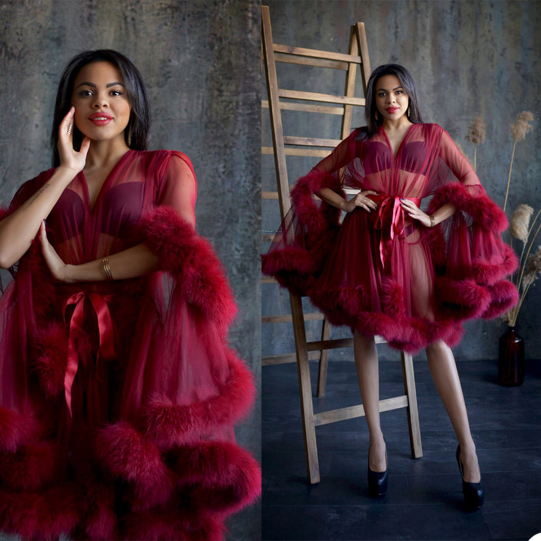 Wine Red Short Evening Dresses for Women Long Sleeves Feather Sexy Prom Gowns Maternity Lingerie Nightwear, Burgundy
Wine Red Short Evening Dresses for Women Long Sleeves Feather Sexy Prom Gowns Maternity Lingerie Nightwear, Burgundy