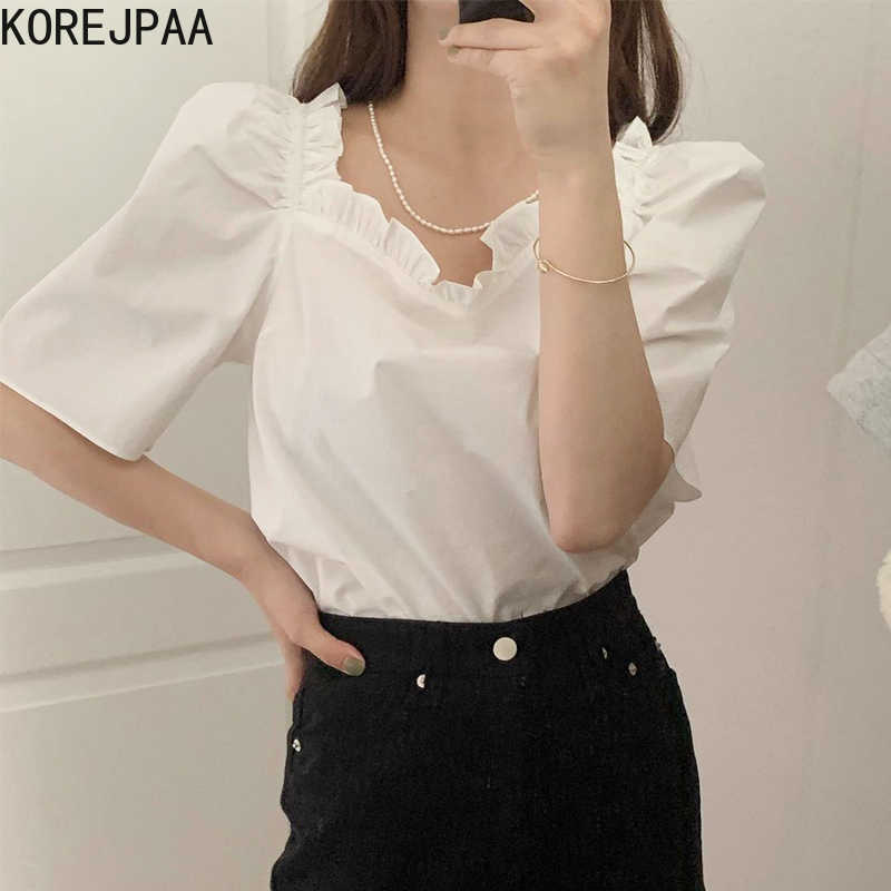 Korejpaa Women Shirt Summer Korea Chic Gentle Temperament Square Collar Wooden Ear Stitching Solid Color Puff Sleeve Blouse 210526